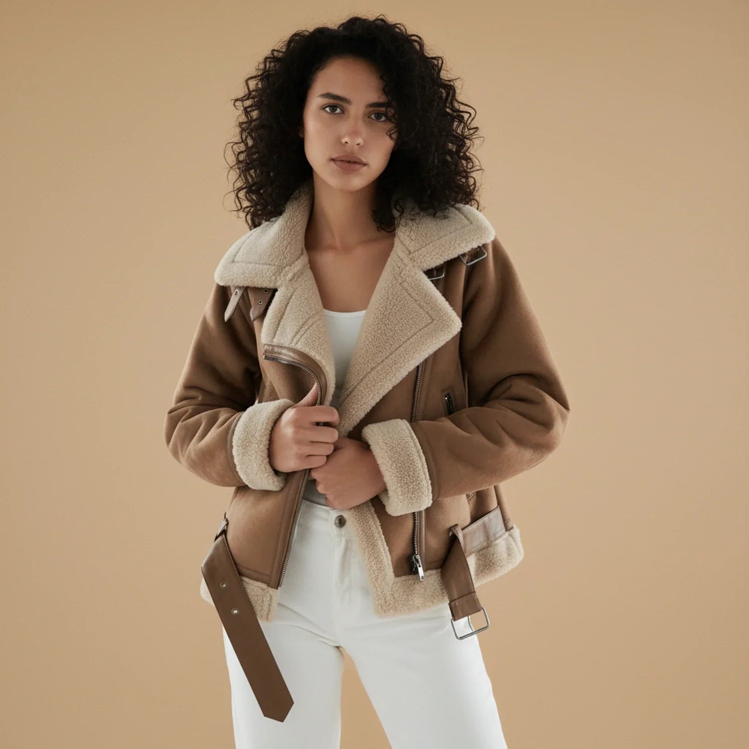 Women's Shearling Aviator Jacket - Fashinoza