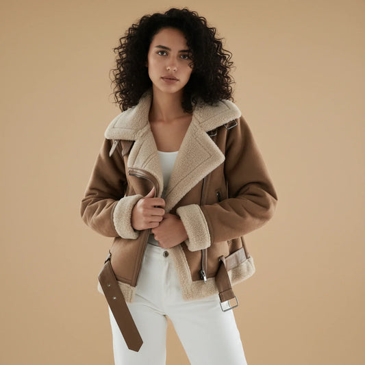 Women's Shearling Aviator Jacket - Fashinoza