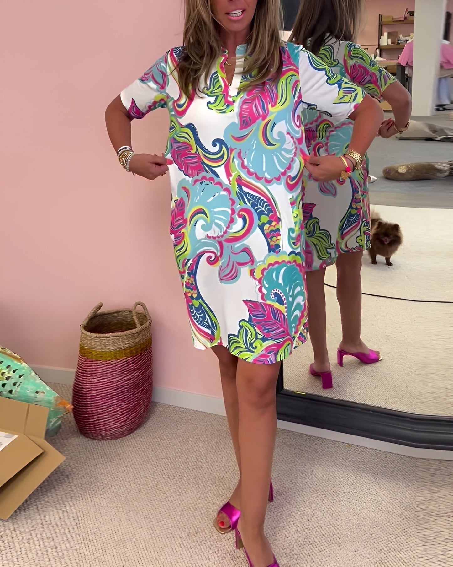 Women's V Neck Printed Dress Tummy Control Casual