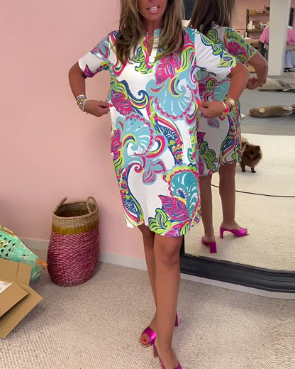 Women's V Neck Printed Dress Tummy Control Casual