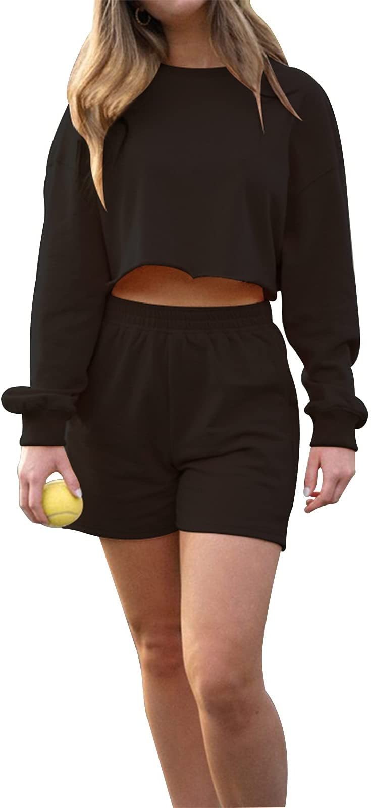 Women's Sports Sweater Set Long-Sleeved Solid Shorts - 
Fashinoza