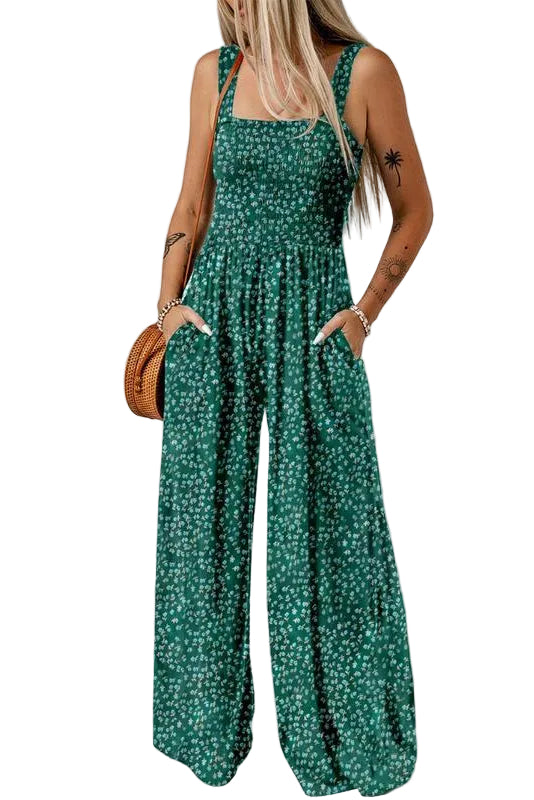 Women's Smocked Jumpsuit Wide Leg Side Pockets