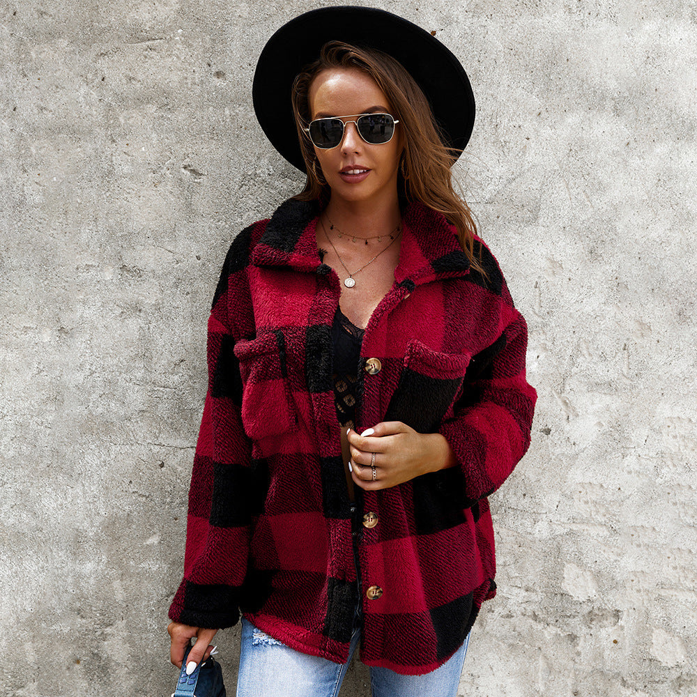 Women's Checkered Plush Fur Coat Warm Winter Outerwear