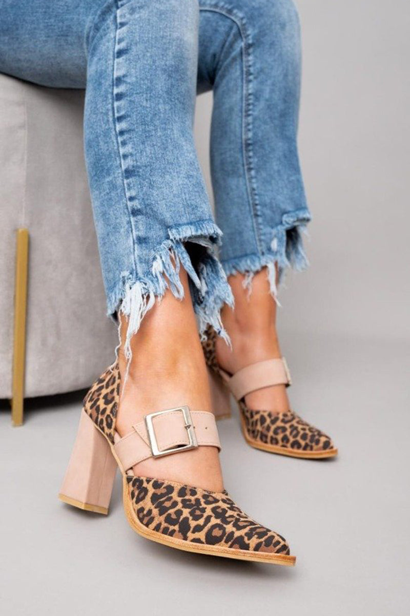 Women's Leopard Suede Sandals Stable Heel - Fashinoza