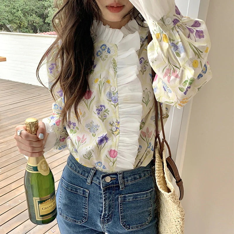 Image of Fern | Women's Floral Print Ruffle Blouse