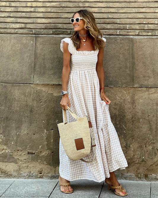 Women's Smocked Gingham Maxi Dress - Fashinoza