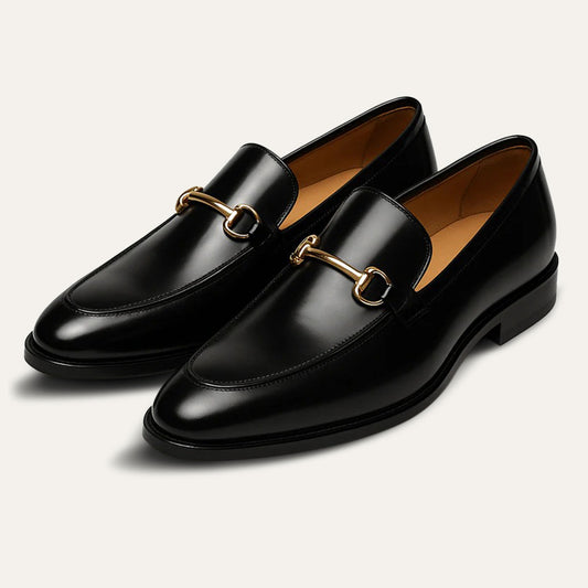 Men's Black Leather Horsebit Loafers - Fashinoza