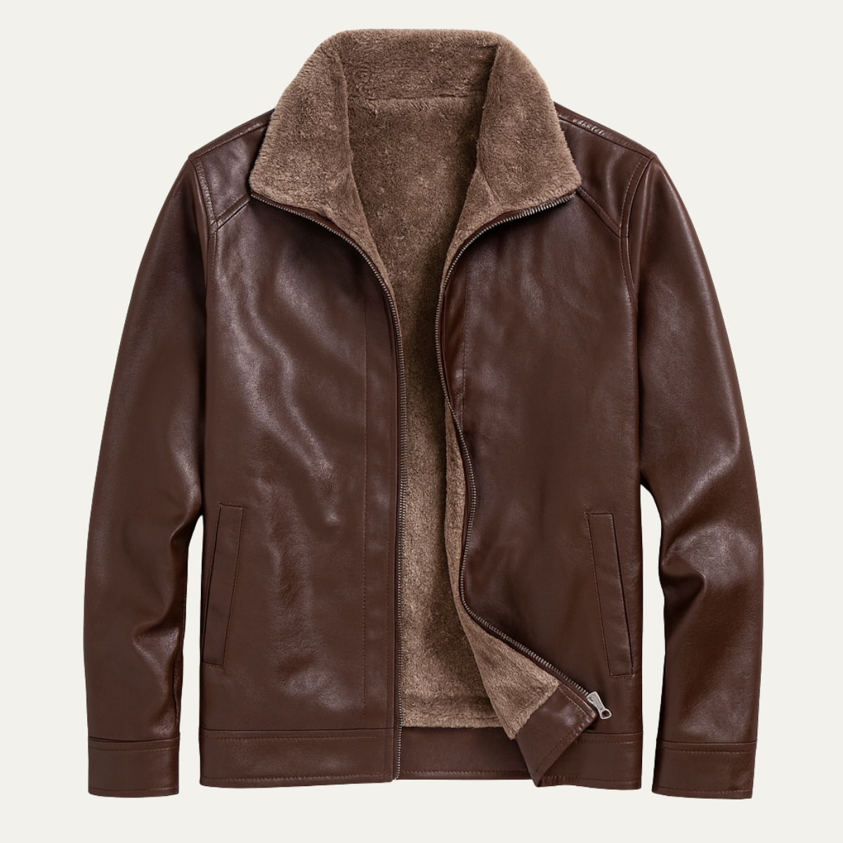 Men's Leather Zip Up Coat Fleece Lined - Fashinoza