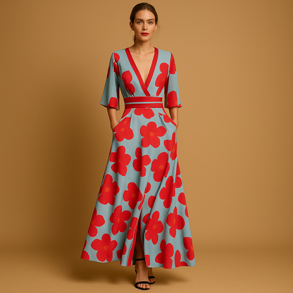 Women's Floral Maxi Dress V-Neck Pockets - 
Fashinoza