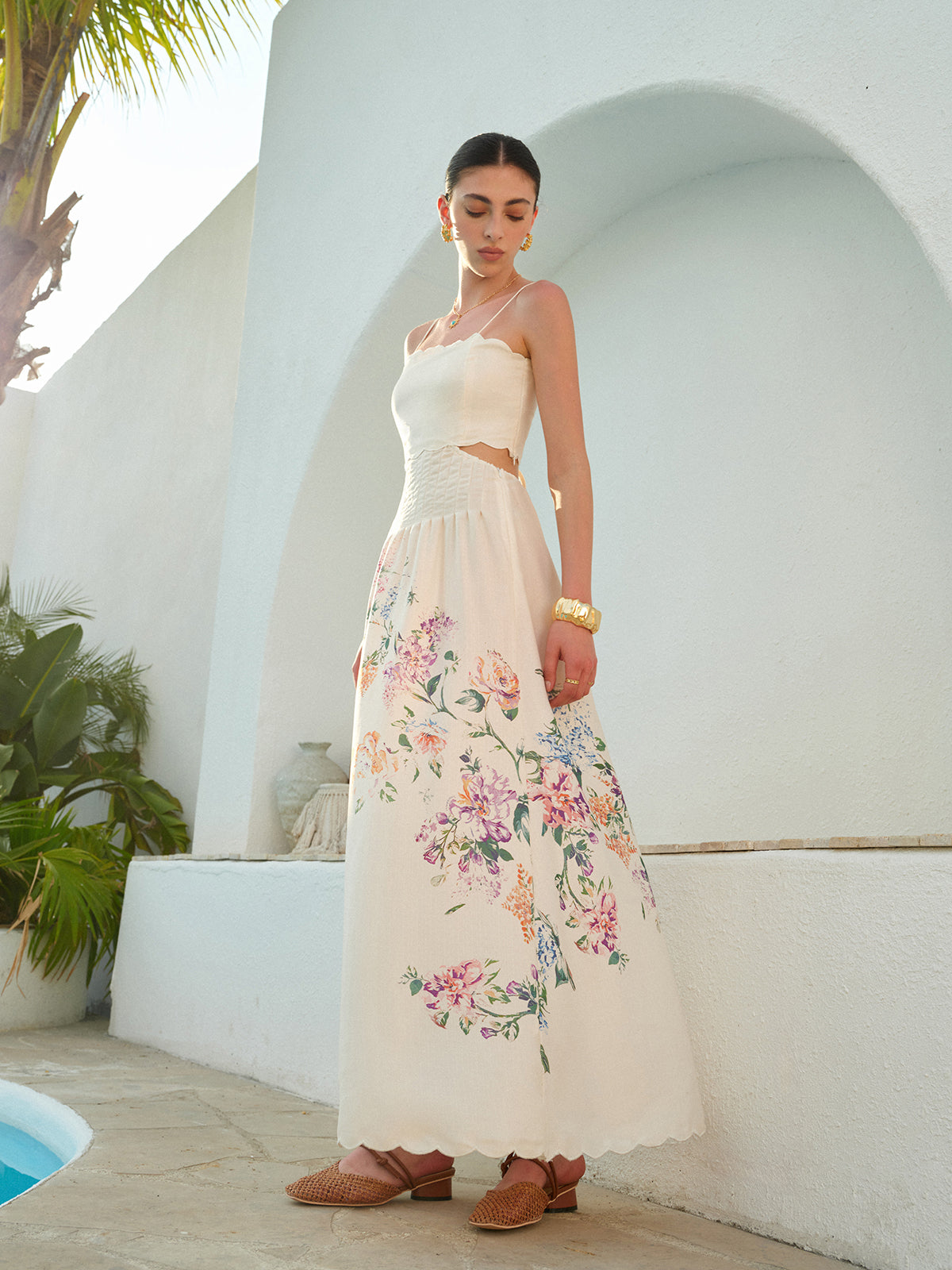 Women's Floral Maxi Sundress Cutout Waist Scallop Hem - Fashinoza