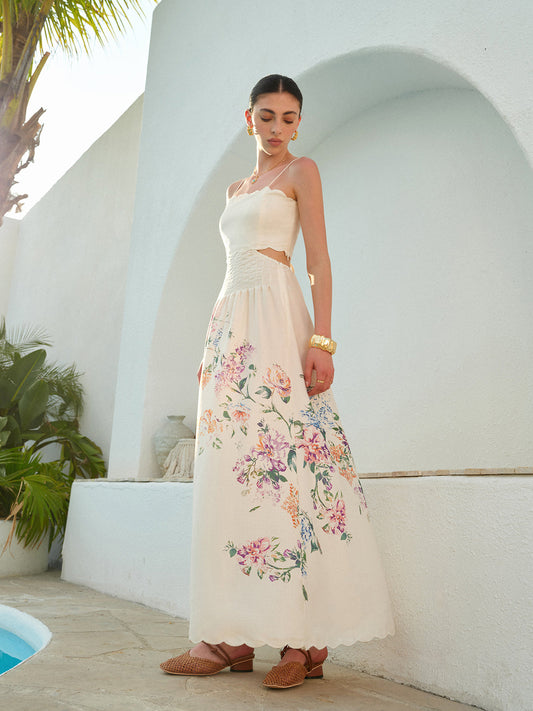 Women's Floral Maxi Sundress Cutout Waist Scallop Hem - Fashinoza