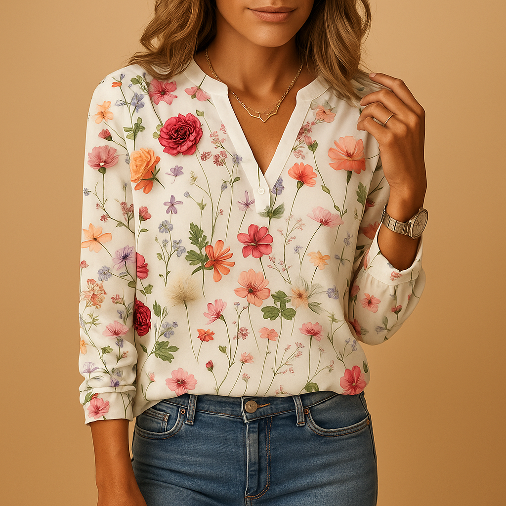 Women's V-Neck Blouse Floral Print Long Sleeve - 
Fashinoza