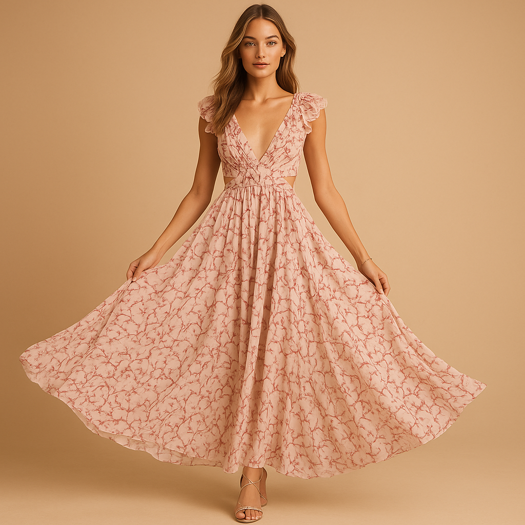 Women's Floral Maxi Dress V-Neck Ruffle Detail - 
Fashinoza