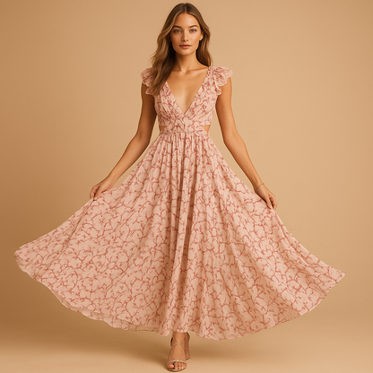 Women's Floral Maxi Dress V-Neck Ruffle Detail - 
Fashinoza