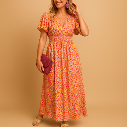 Women's Floral V-Neck Maxi Summer Dress - 
Fashinoza