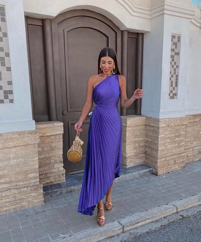 Women's One Shoulder Midi Dress Asymmetric Evening Wear - Fashinoza