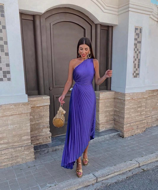 Women's One Shoulder Midi Dress Asymmetric Evening Wear - Fashinoza