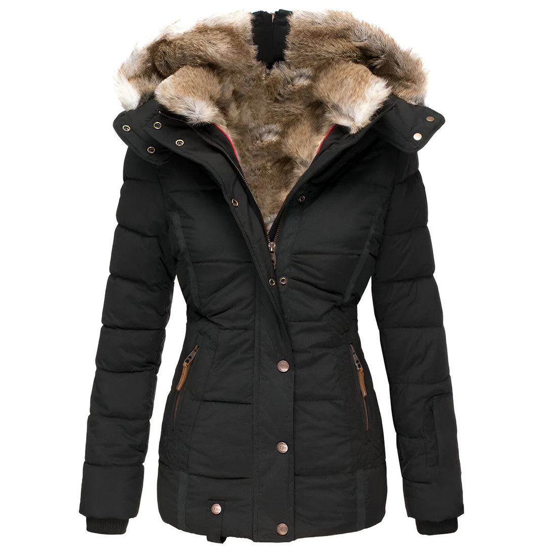 Women's Quilted Puffer Jacket Fur Trim Hooded Black - 
Fashinoza