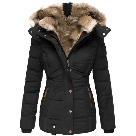 Women's Quilted Puffer Jacket Fur Trim Hooded Black - 
Fashinoza