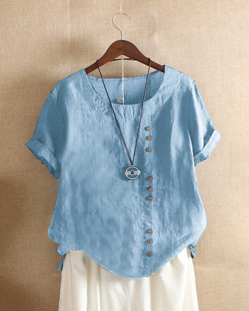 Women's Short Sleeve Blouse Cotton Button Front Rolled Cuffs
