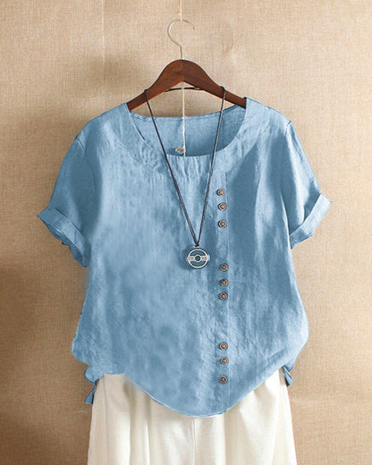 Women's Short Sleeve Blouse Cotton Button Front Rolled Cuffs