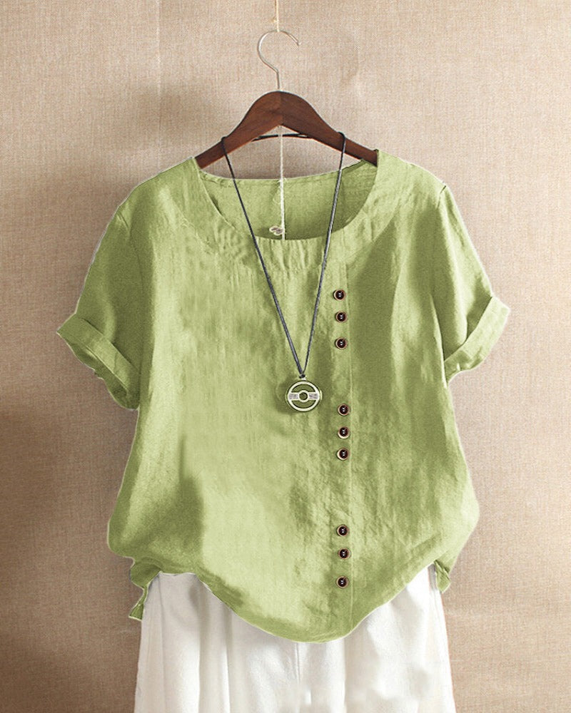 Women's Short Sleeve Blouse Cotton Button Front Rolled Cuffs