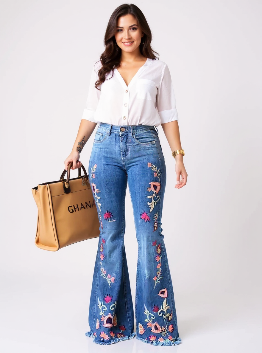 Women's Floral Denim Flare Pants High-Waisted Slim Fit Blue
