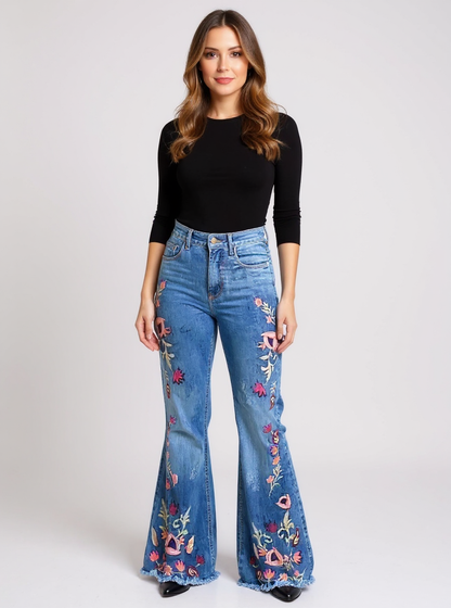 Women's Floral Denim Flare Pants High-Waisted Slim Fit Blue - Fashinoza