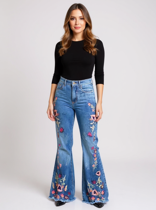 Women's Floral Denim Flare Pants High-Waisted Slim Fit Blue - Fashinoza