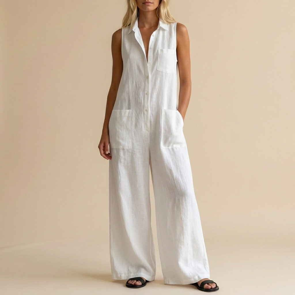 Women's Sleeveless Wide Leg Jumpsuit Button Front Pockets - 
Fashinoza