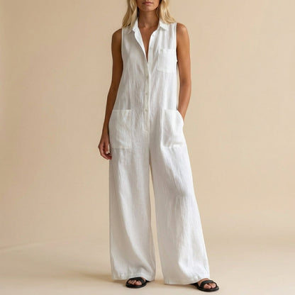Women's Sleeveless Wide Leg Jumpsuit Button Front Pockets - 
Fashinoza