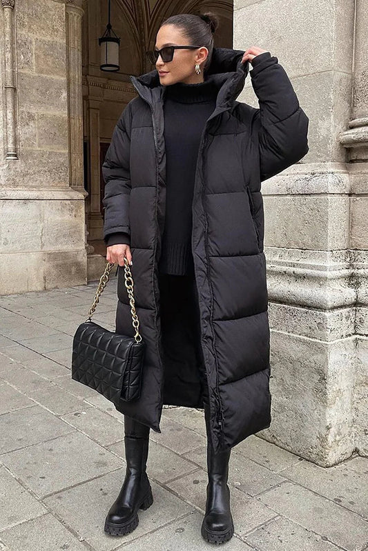 Women's Quilted Puffer Coat Long Hooded Water Resistant Black - Fashinoza