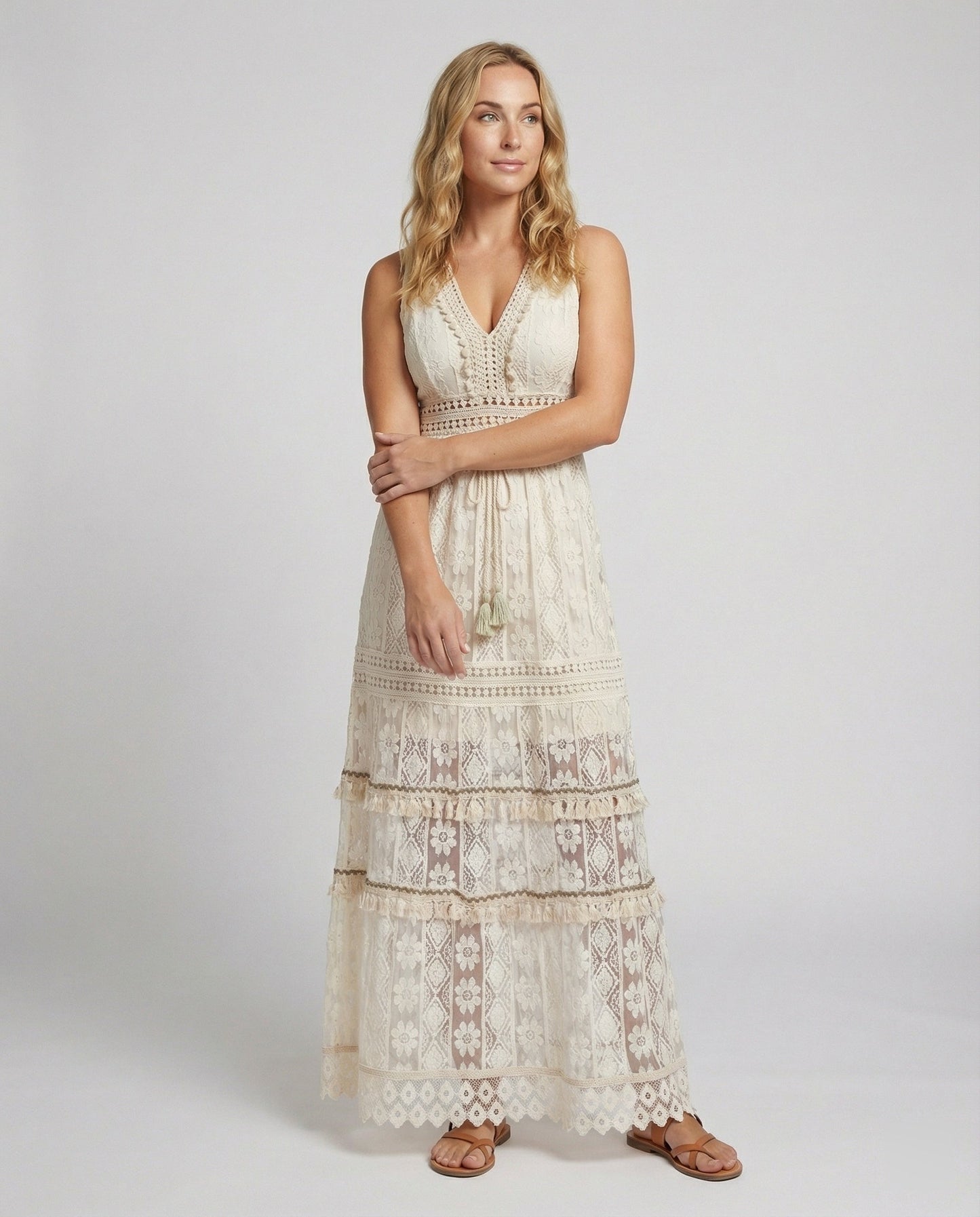Women's Bohemian Maxi Dress Lace Tiered Tassel Waist - 
Fashinoza