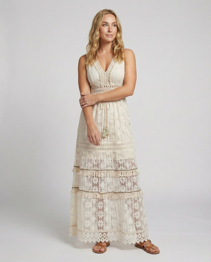 Women's Bohemian Maxi Dress Lace Tiered Tassel Waist - 
Fashinoza