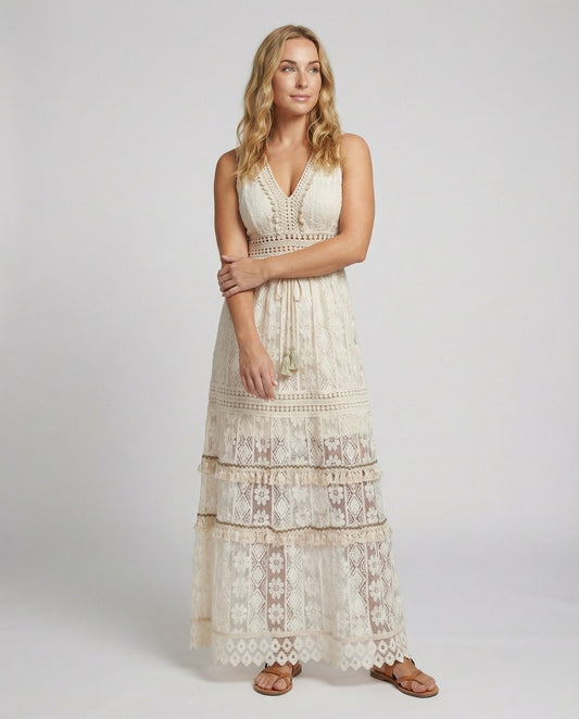 Women's Bohemian Maxi Dress Lace Tiered Tassel Waist - 
Fashinoza