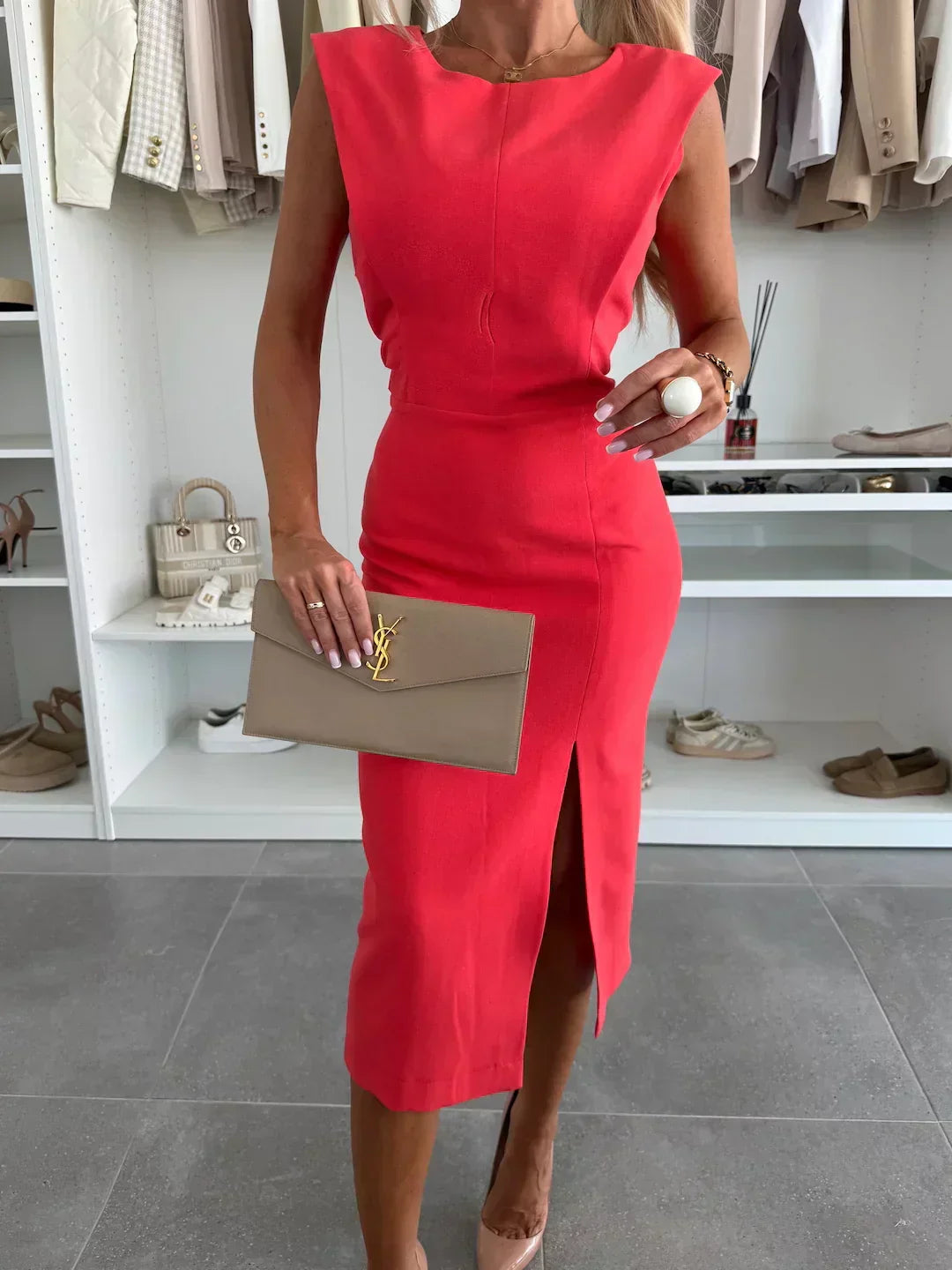 Women's Sleeveless Midi Dress with Front Slit