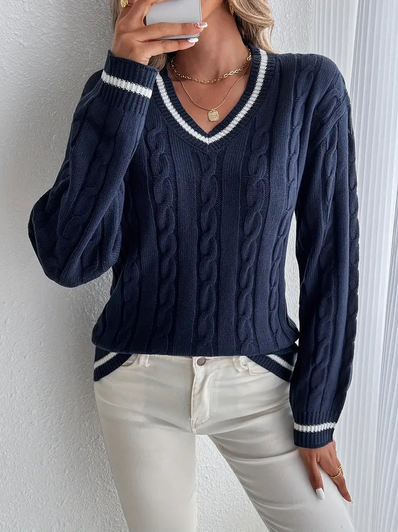 Women's Cable Knit V-Neck Sweater Long Sleeve - Fashinoza