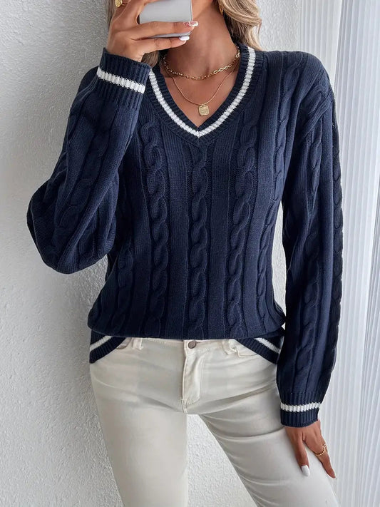 Women's Cable Knit V-Neck Sweater Long Sleeve - Fashinoza