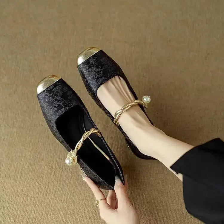 Women's Mary Jane Shoes Pearl Strap Glitter Block Heel