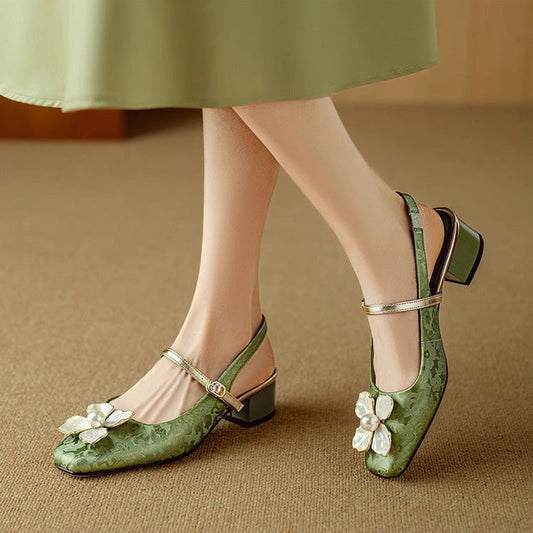 Women's Floral Slingback Pumps Square Toe Block Heel Shoes - Fashinoza