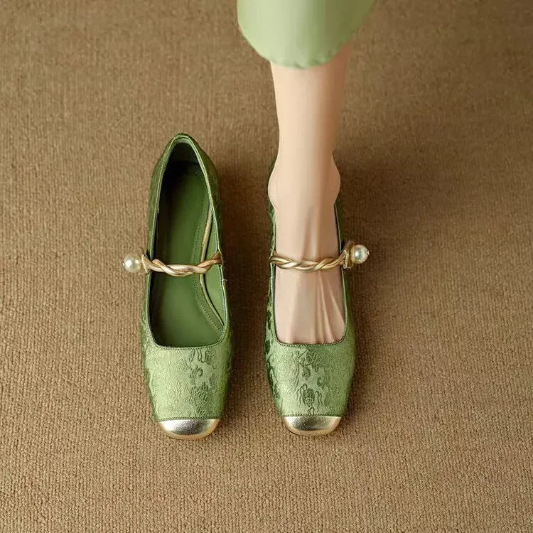 Women's Mary Jane Shoes Pearl Strap Glitter Block Heel