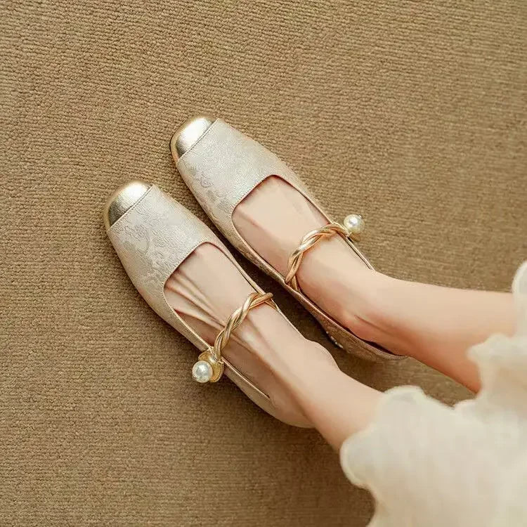 Women's Mary Jane Shoes Pearl Strap Glitter Block Heel