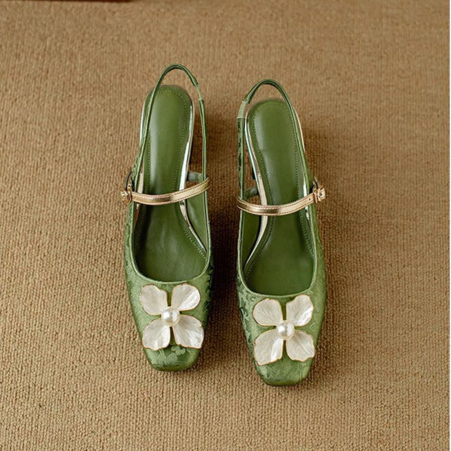 Women's Floral Pumps Block Heel Jacquard Strap