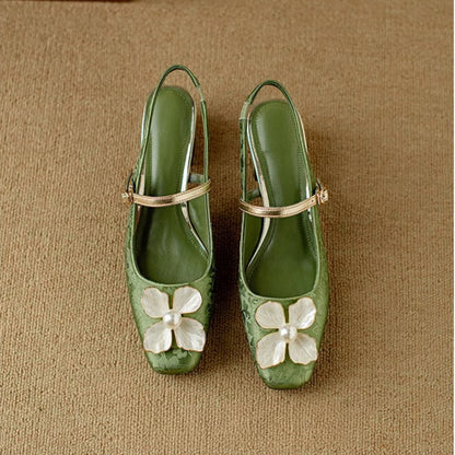 Women's Floral Pumps Block Heel Jacquard Strap