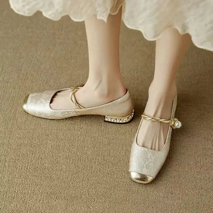 Women's Mary Jane Shoes Pearl Strap Glitter Block Heel