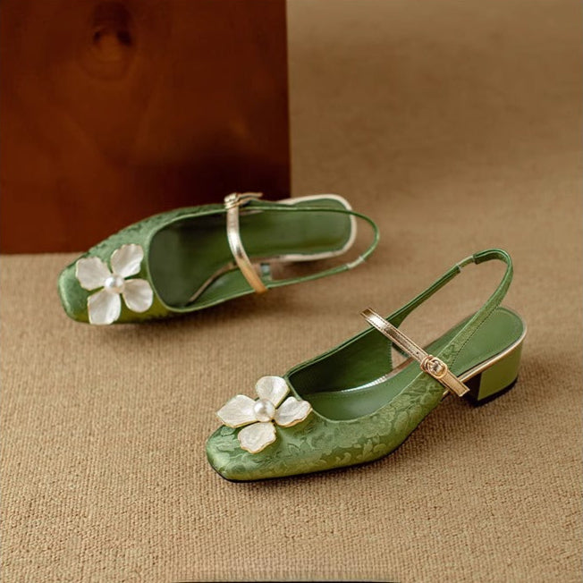 Women's Floral Slingback Pumps Square Toe Block Heel Shoes