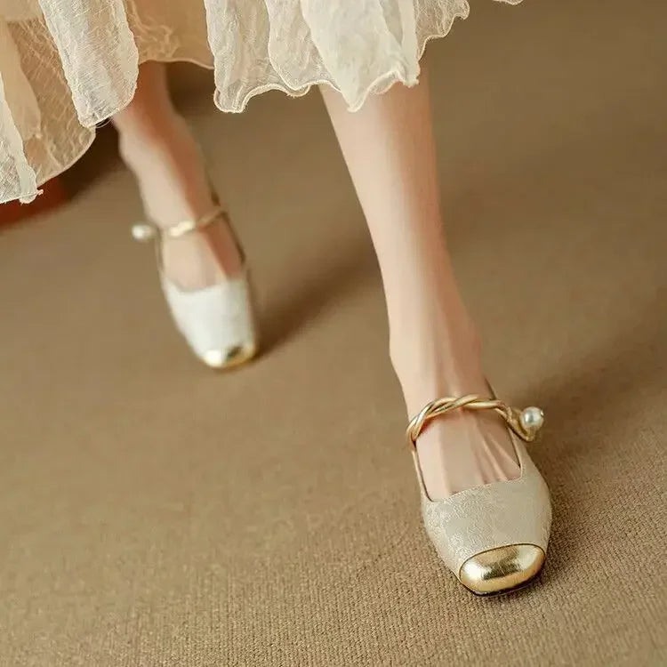 Women's Mary Jane Shoes Pearl Strap Glitter Block Heel