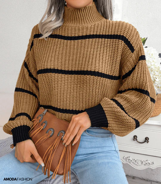 Women's Striped Turtleneck Sweater Long-Sleeved Knitted - 
Fashinoza
