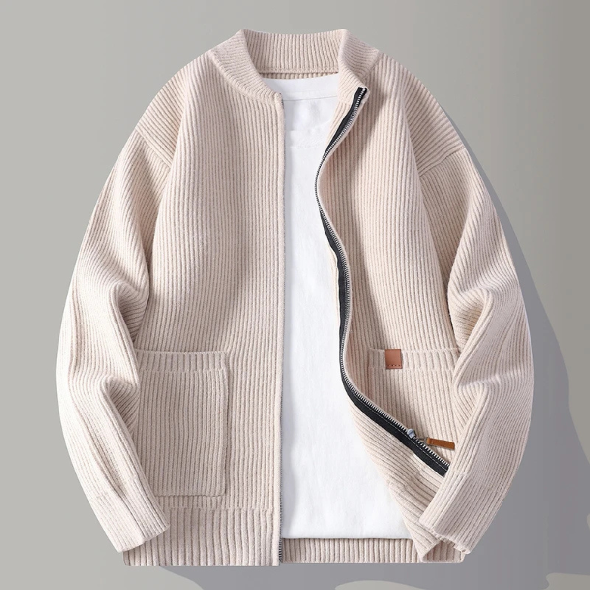 Men's Rib Knit Zip Cardigan Casual Stand Collar
