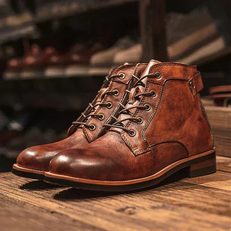 Men's Ankle Boots Lace-Up Leather Rugged Brown - Fashinoza